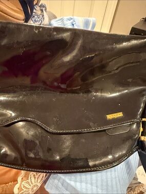 Vintage Koret Black Patent Leather Crossbody Bag with Gold Accent